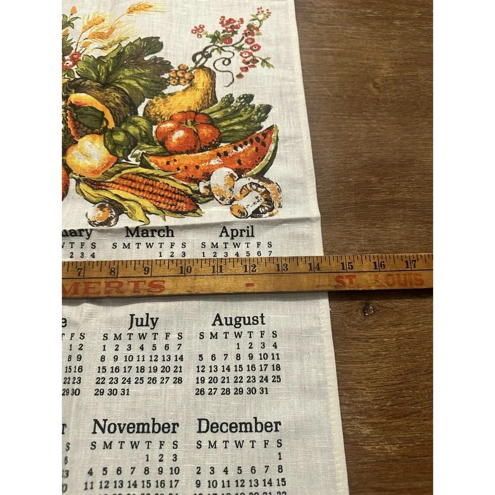 Vintage 1984 Printed Cloth Hanging Wall Calendar Tea Towel Fruit Veggies Fall